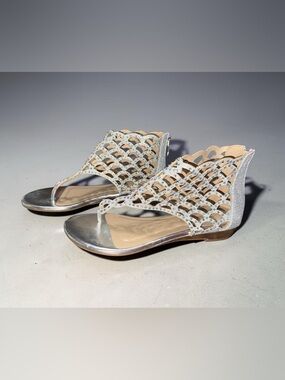 Dream Paris silver Rhinestone Cutout Women's Sandals - Dressy Open Thong Flats